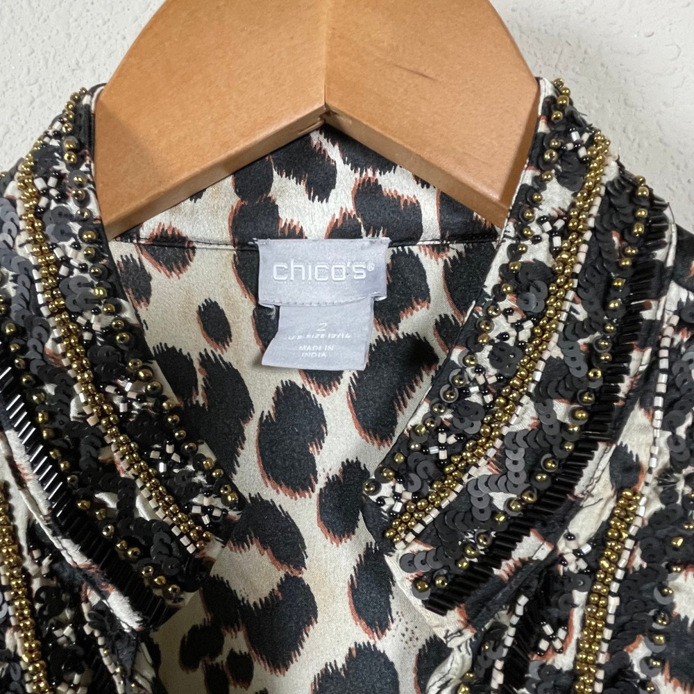 Chico's Leopard Print Beaded Collar Tunic Shirt Womens 2 Large Brown Sequin Glam - Picture 2 of 10
